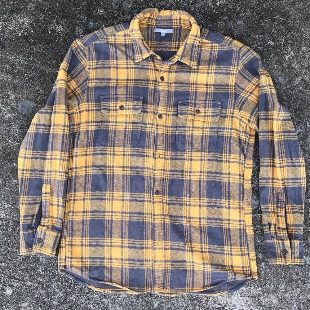 Yellow & Navy Plaid Flannel Shirt